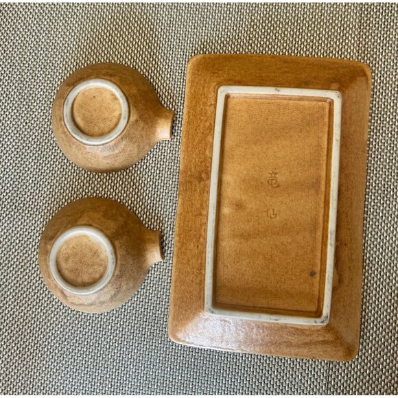 Handcrafted Ceramic Sushi Set Dish Two Matching Dipping Bowls Rectangular Tray - Picture 3 of 5